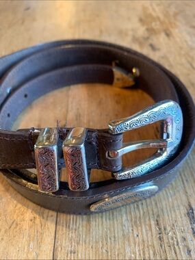 Women's Dark Brown Leather Belt with Decorative Silver Buckle